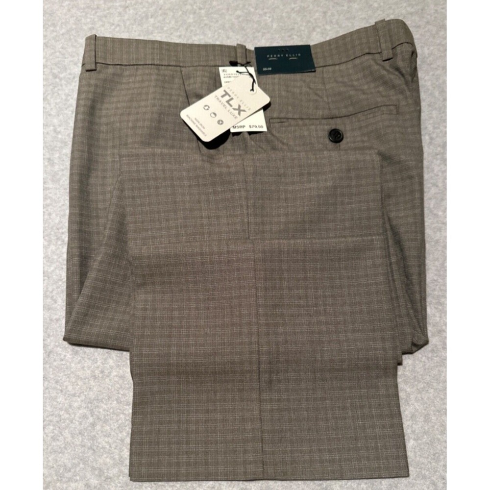 Perry Ellis Pants Men's 33x32 Gray Plaid TLX Travel Luxe Stretch